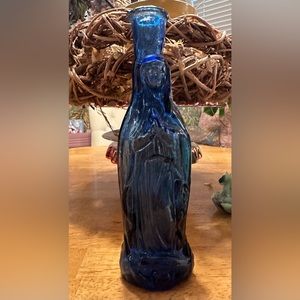 VTG Handblown Virgin of Guadalupe Madonna Holy Water Bottle Cobalt Blue Glass